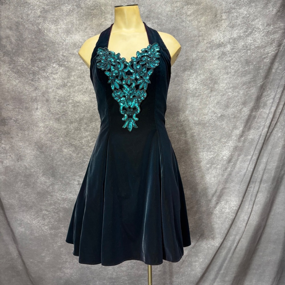 VTG 90s Zum Zum Halter Velvet Mini Dress Size 7/8 Teal Sequin Beaded Whimsigoth